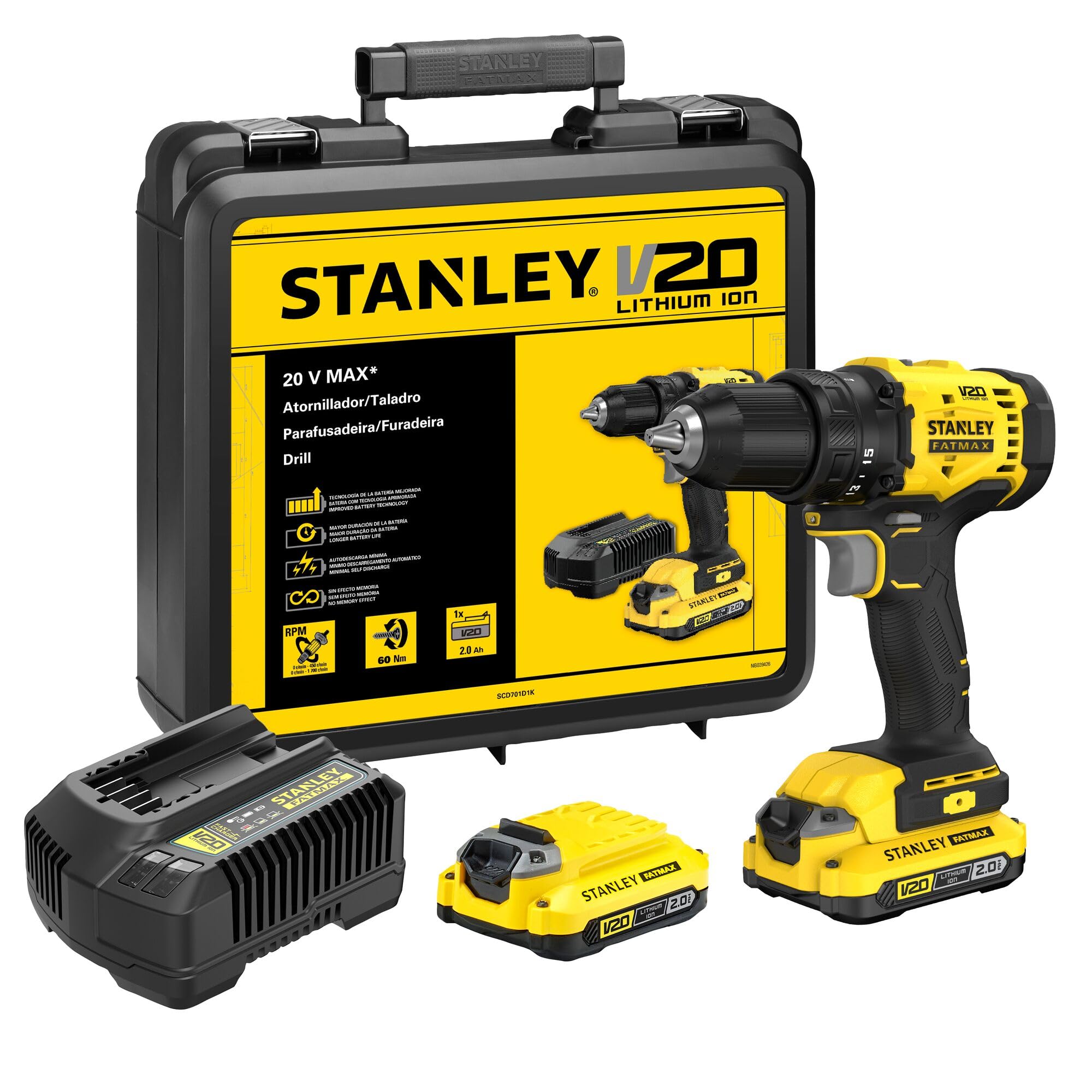 STANLEY Parafusadeira e Furadeira 13mm 20V SCD701D2K 2 Baterias 1